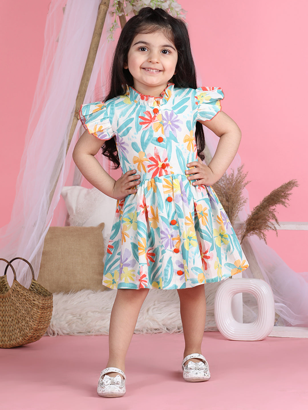 Cutiekins Mandarin Collar Printed Flared Dress-Sky Blue & White