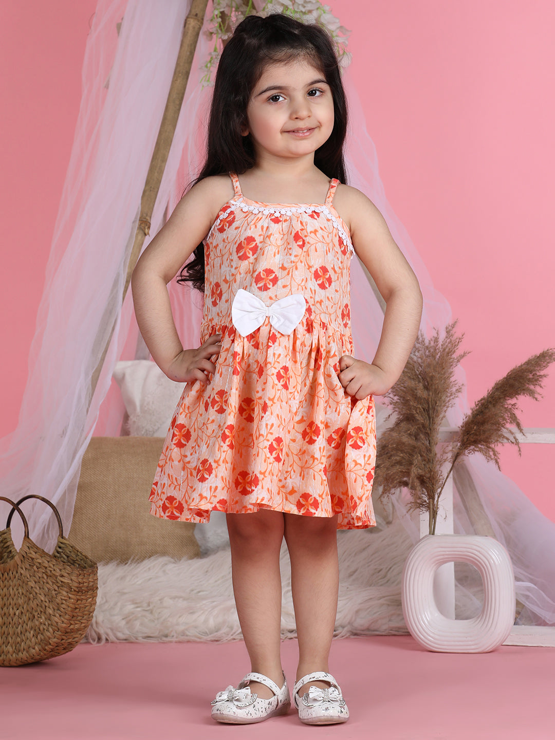 Cutiekins Shoulder Straps Printed Flared Dress-Orange & White