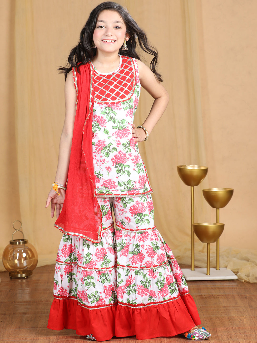 Cutiekins Girls Floral Print Empire Kurta and Sharara with Dupatta -White & Red
