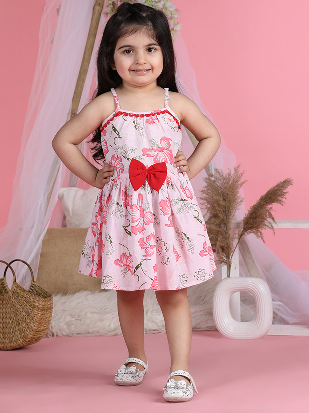 Cutiekins Shoulder Straps Printed Flared Dress-Light Pink & Red