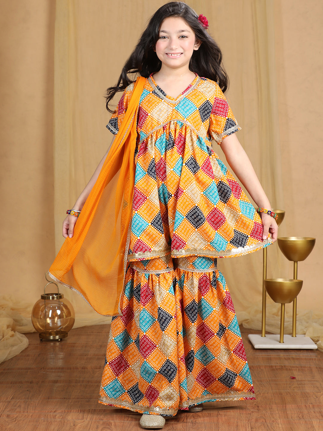 Cutiekins Girls Bandhani Print Empire Kurta and Sharara with Dupatta -Mustard & Multi