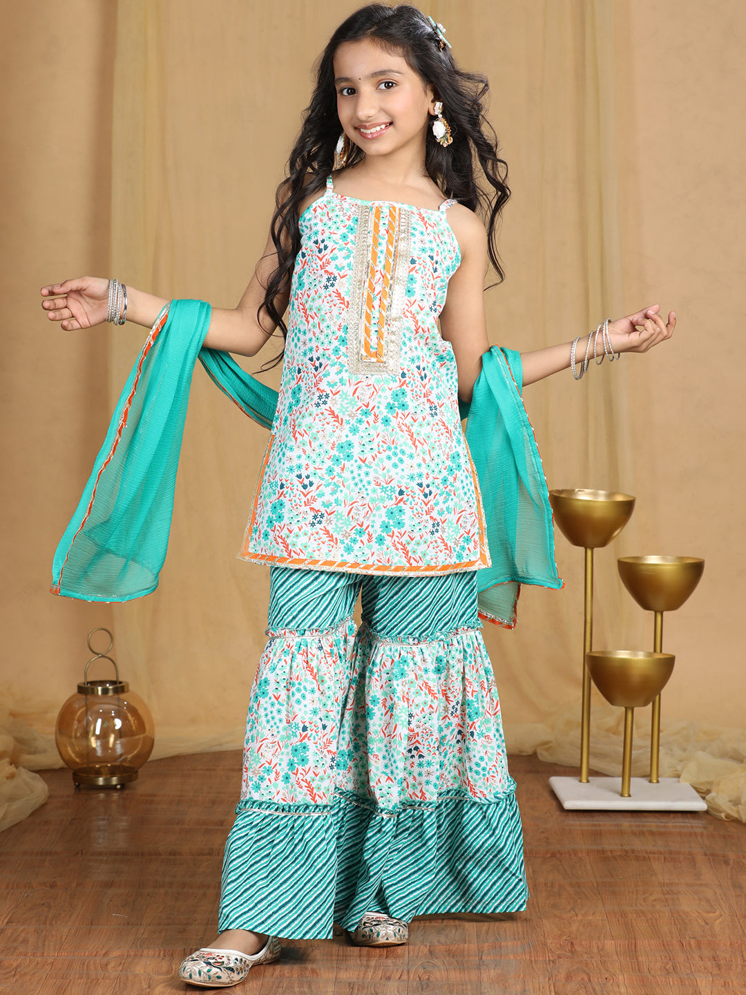 Cutiekins Girls floral Print Empire Kurta and Sharara with Dupatta -Off White & Rama Green