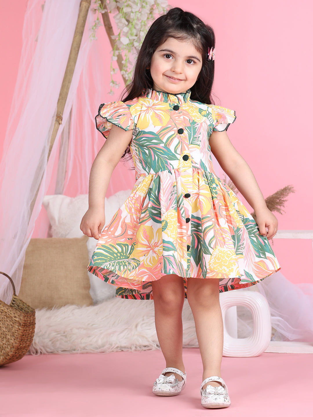 Cutiekins Mandarin Collar Printed Flared Dress-Multicolour