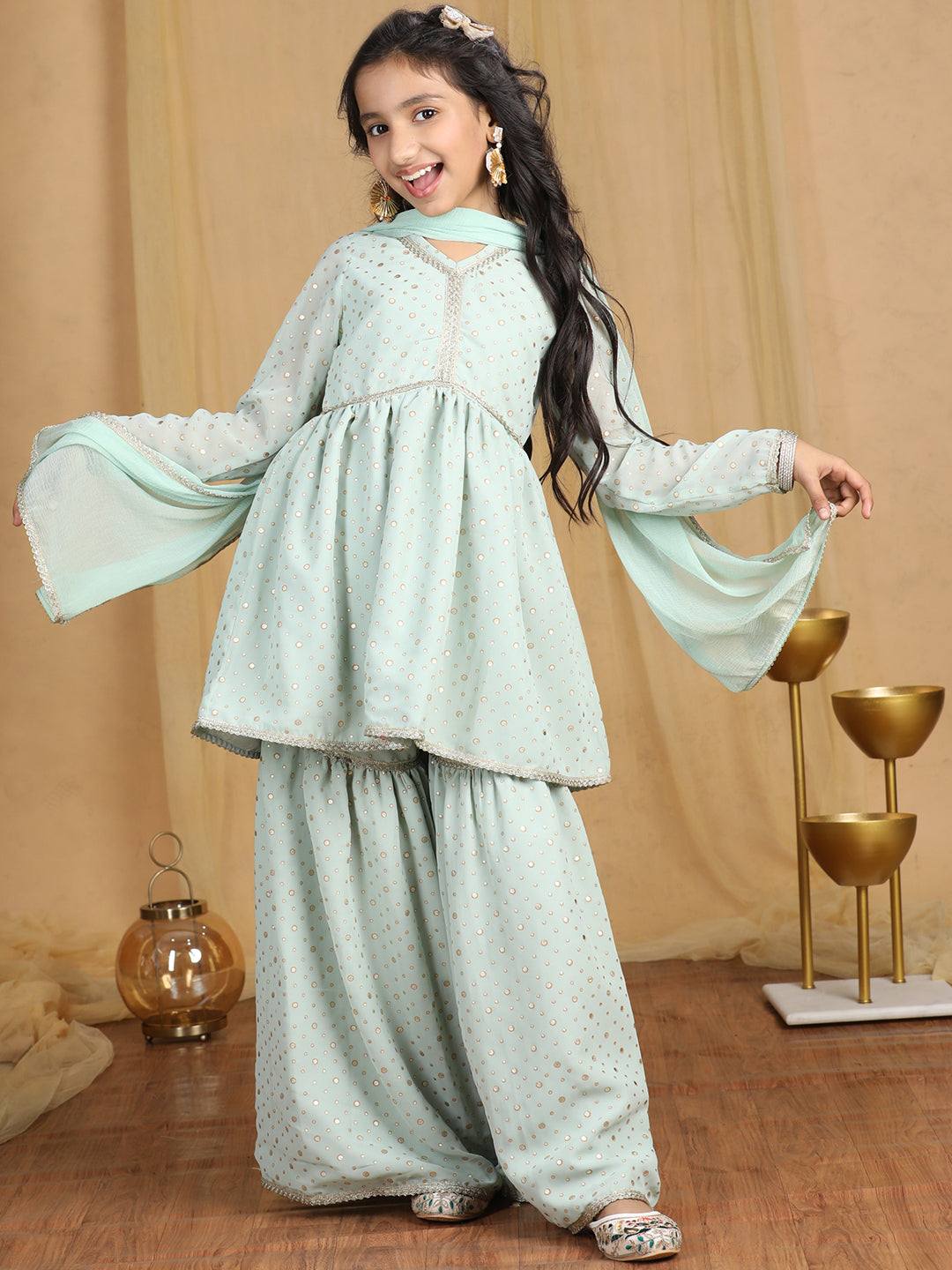 Cutiekins Girls Self Design Empire Kurta and Sharara with Dupatta -Pista Green & Gold