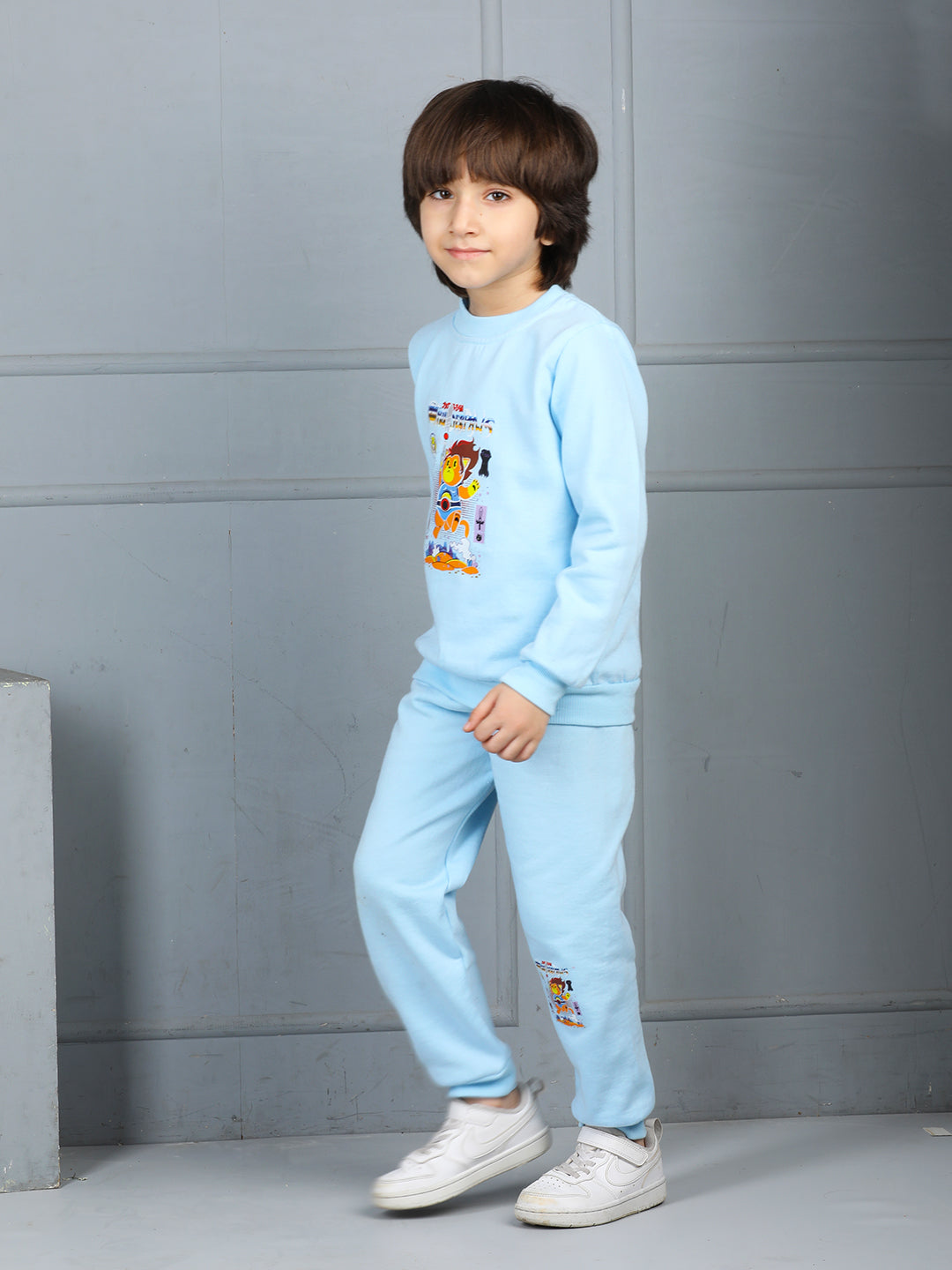 Cutiekins Boys Graphic Print cozy Tracksuit -Light Blue & Mustard