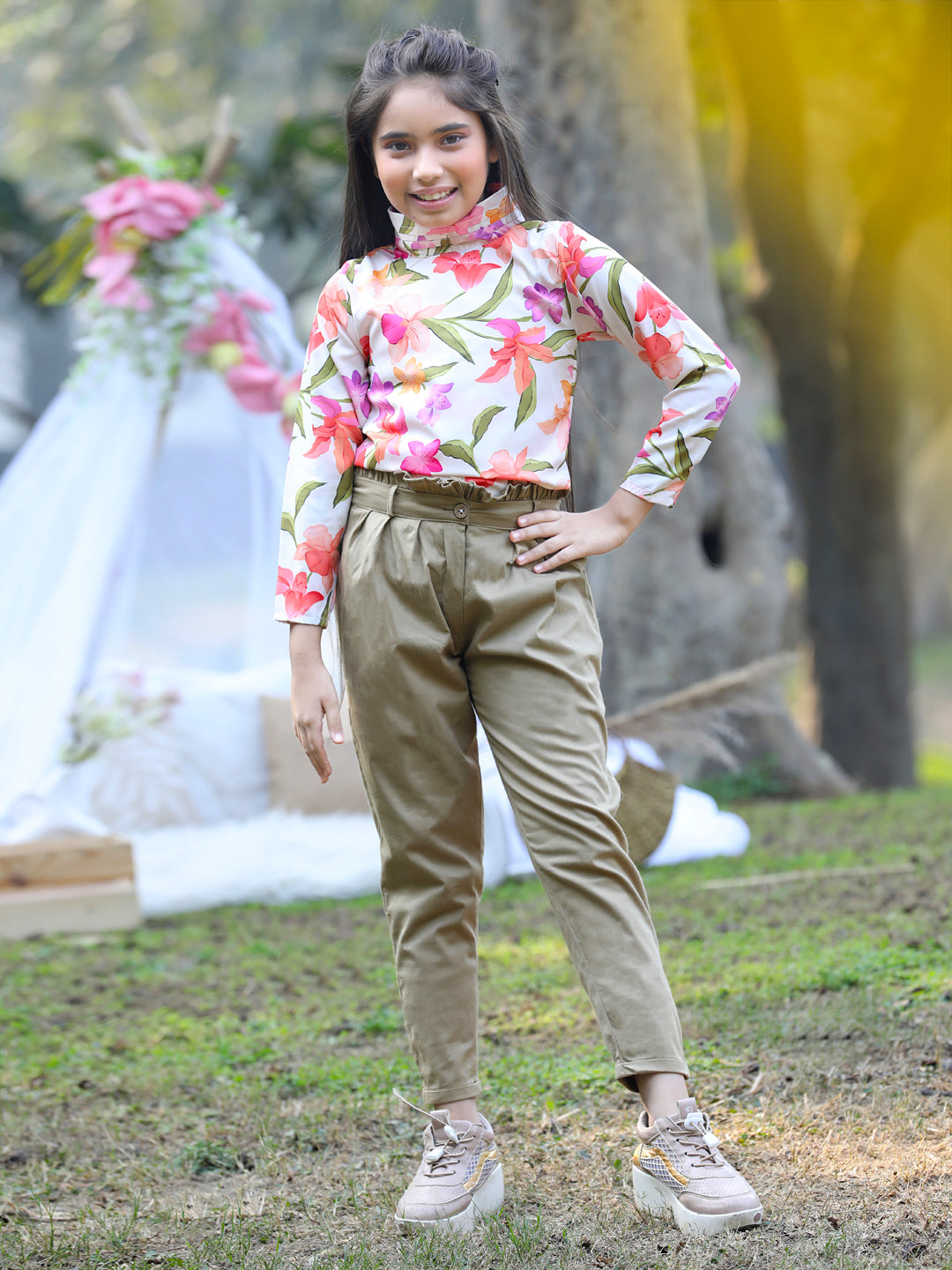 Cutiekins Mandarin Collar Foral Printed Regular Top & Trousers Set -Baige & Khaki