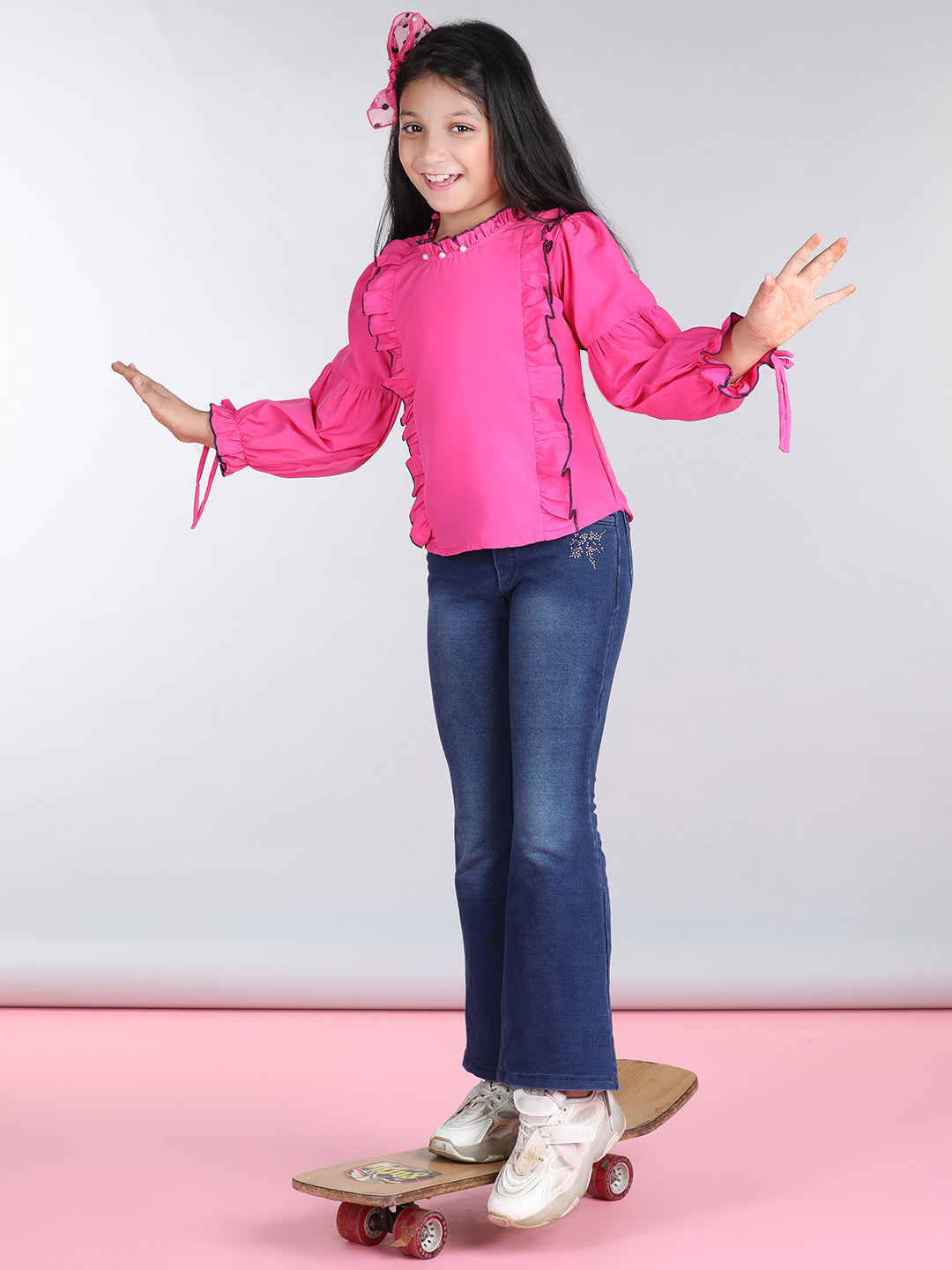 Cutiekins Solid Full Sleeves Polyester Tops-Pink & White