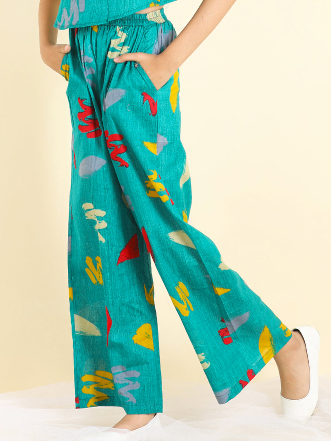 Cutiekins Girls Cotton Abstract Print Palazzo -Rama Green & Yellow