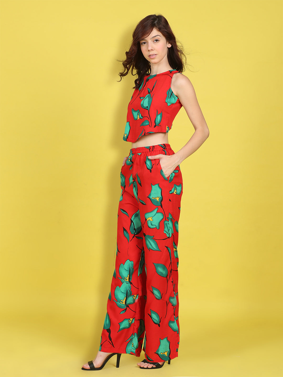 Cutiekins Girls Trendy Bold Style Printed Top & Palazzo Co-ord Set -Red & Green