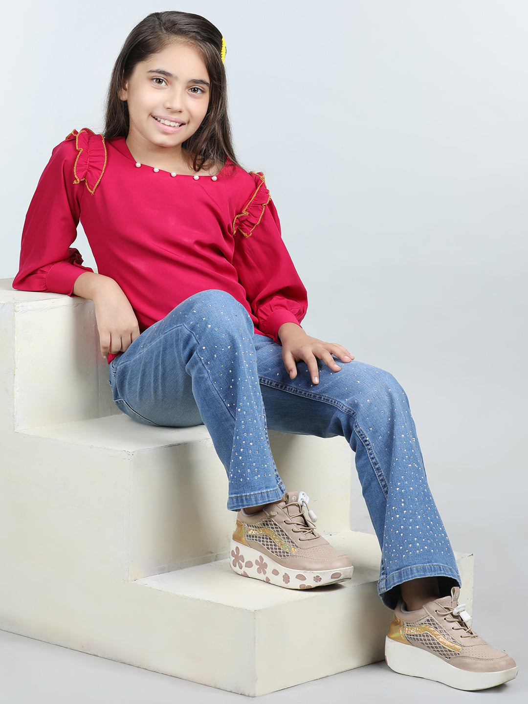Cutiekins Solid Full Sleeves Polyester Tops-Pink & White
