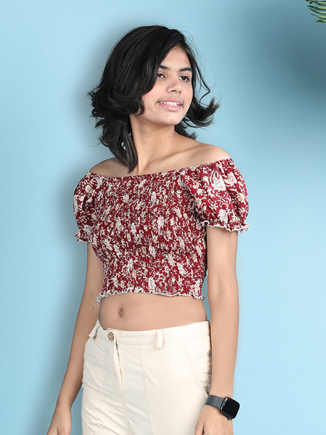 Cutiekins Girls Trendy Bold Style Printed Top -Maroon & Off White