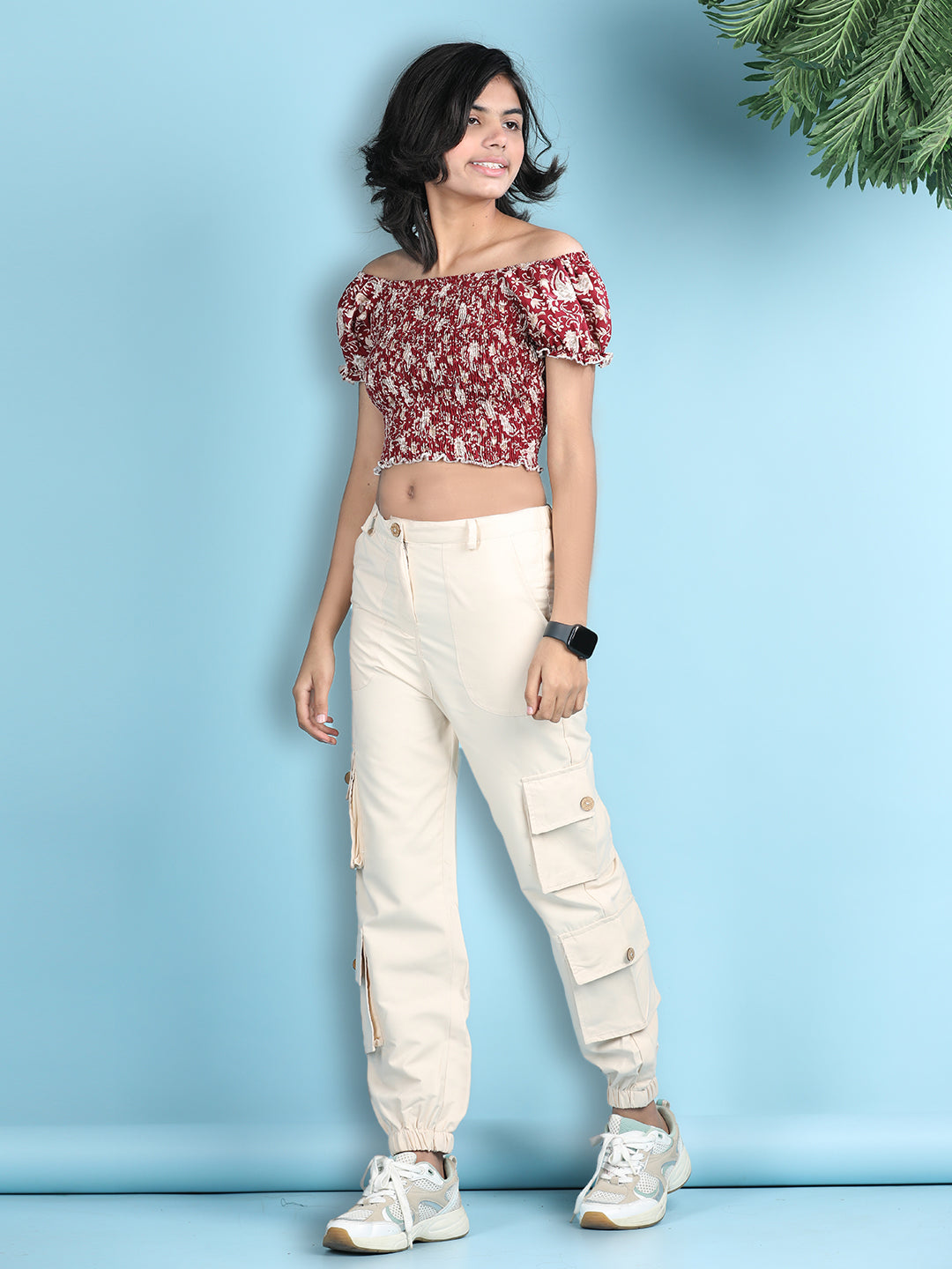 Cutiekins Girls Trendy Bold Look Crop Top With Solid Cargo -Maron & White