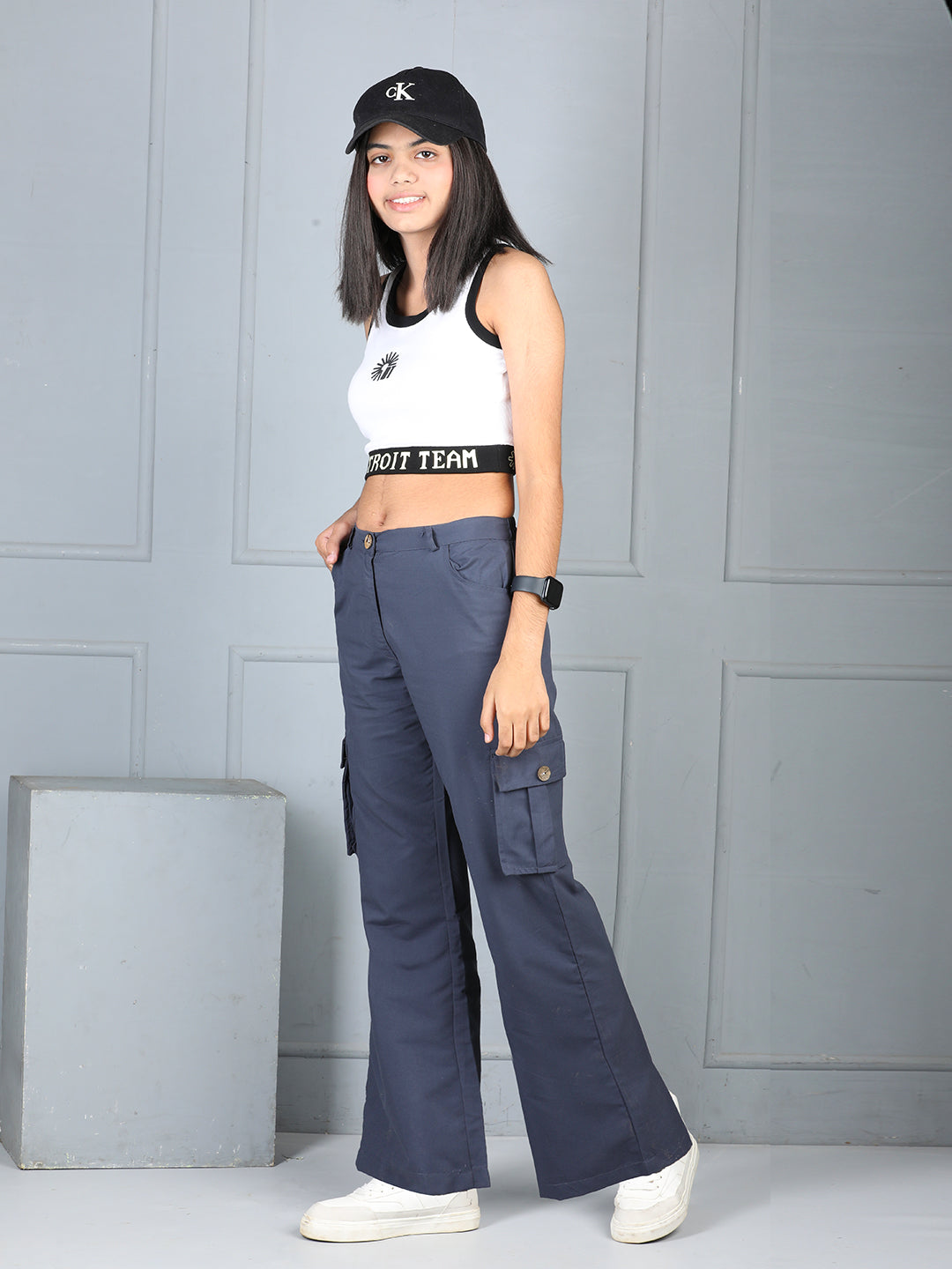 Cutiekins Girls Solid Polycotton Casual Cargo Pant -Charcoal