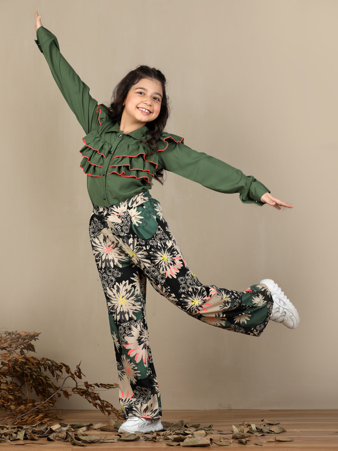 Cutiekins Girls Floral Print Top With Wide Leg Trouser Co-Ord Set - Green & Black