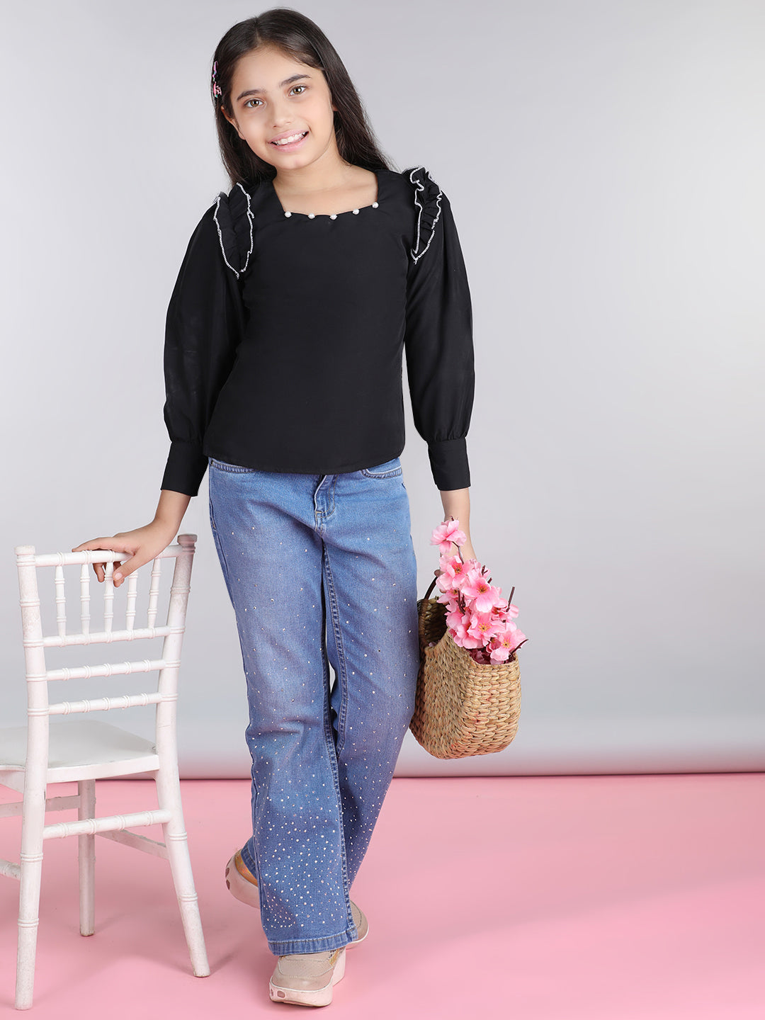 Cutiekins Solid Full Sleeves Polyester Tops-Black & White