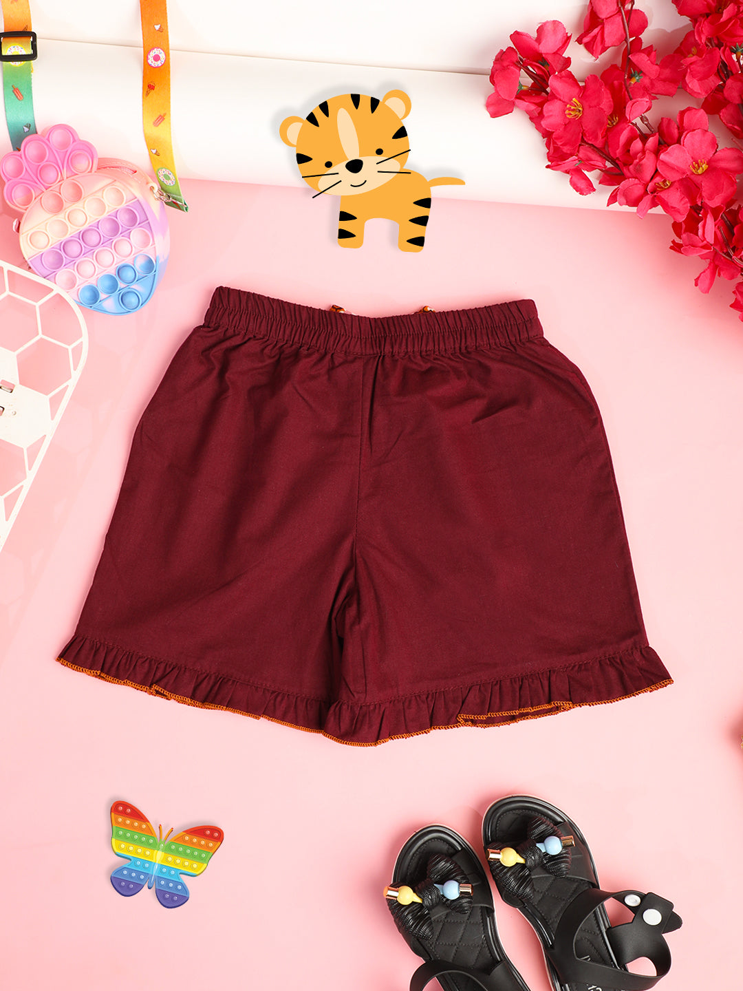 Cutiekins Girls Solid Embellished Short -Maroon