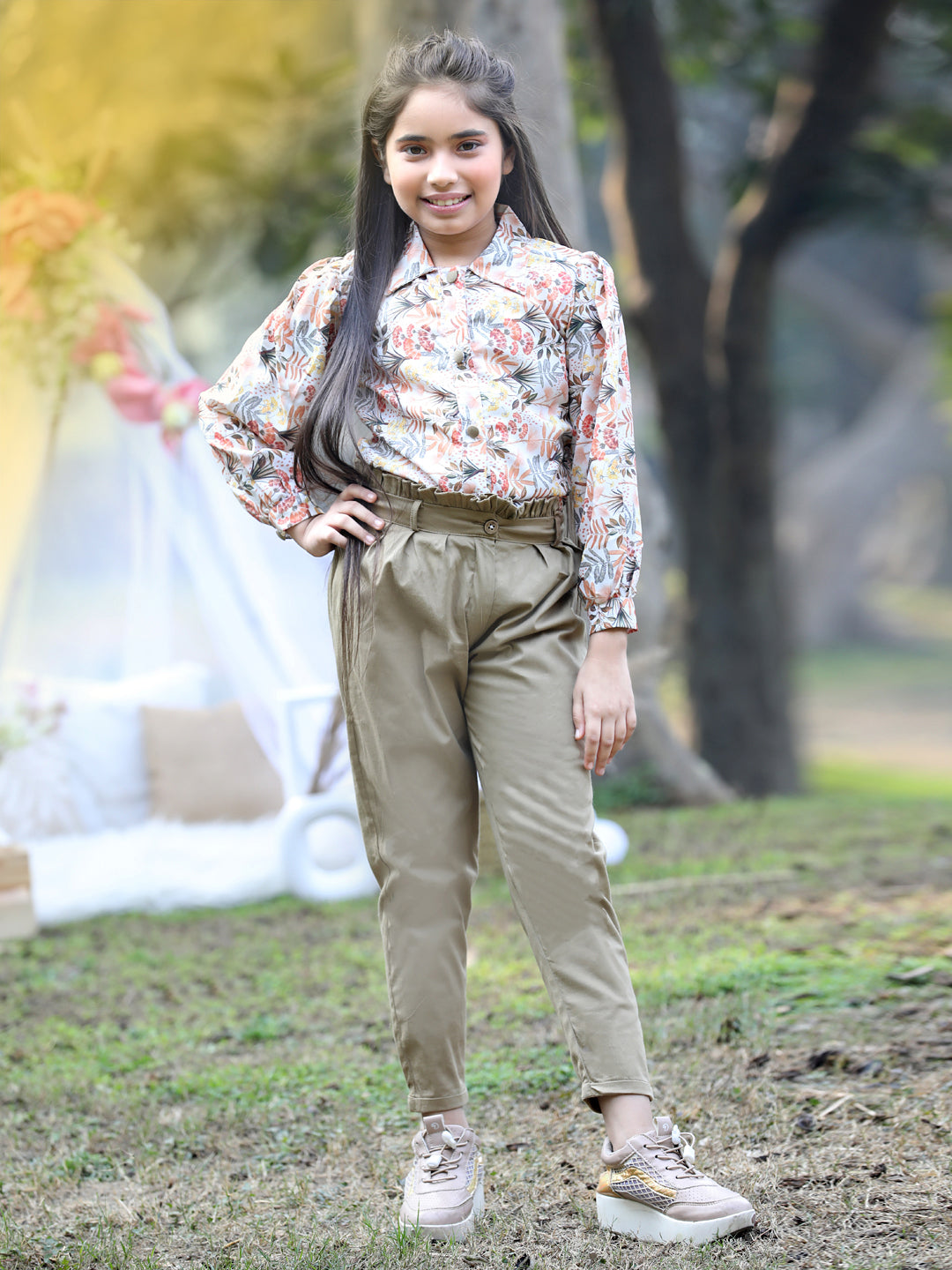 Cutiekins Collar Neck Foral Printed Regular Top & Trousers Set -Baige & Khaki