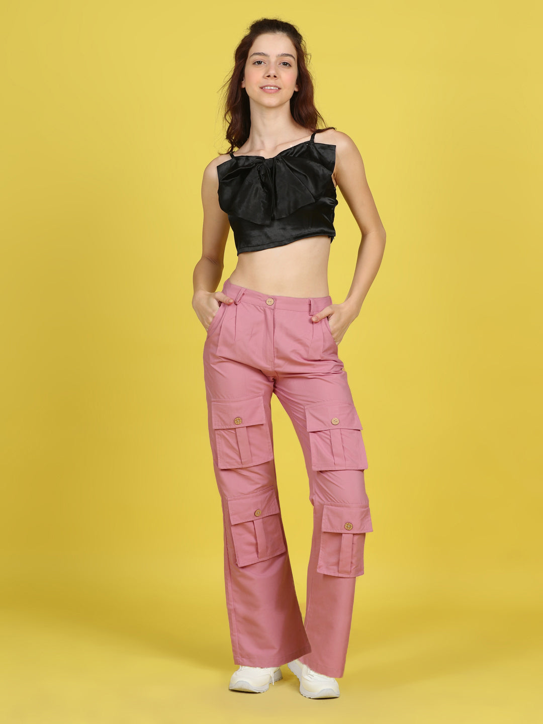 Cutiekins Girls Trendy Bold Look Crop Top With Solid Cargo -Black & Pink
