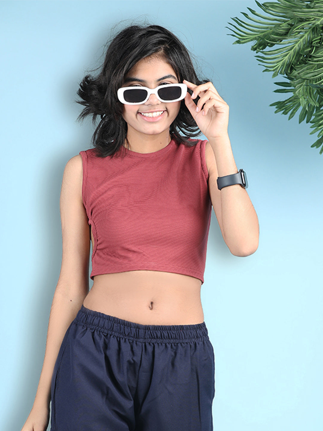 Cutiekins Girls Solid Embellished Stylish Crop Top -Dark Red
