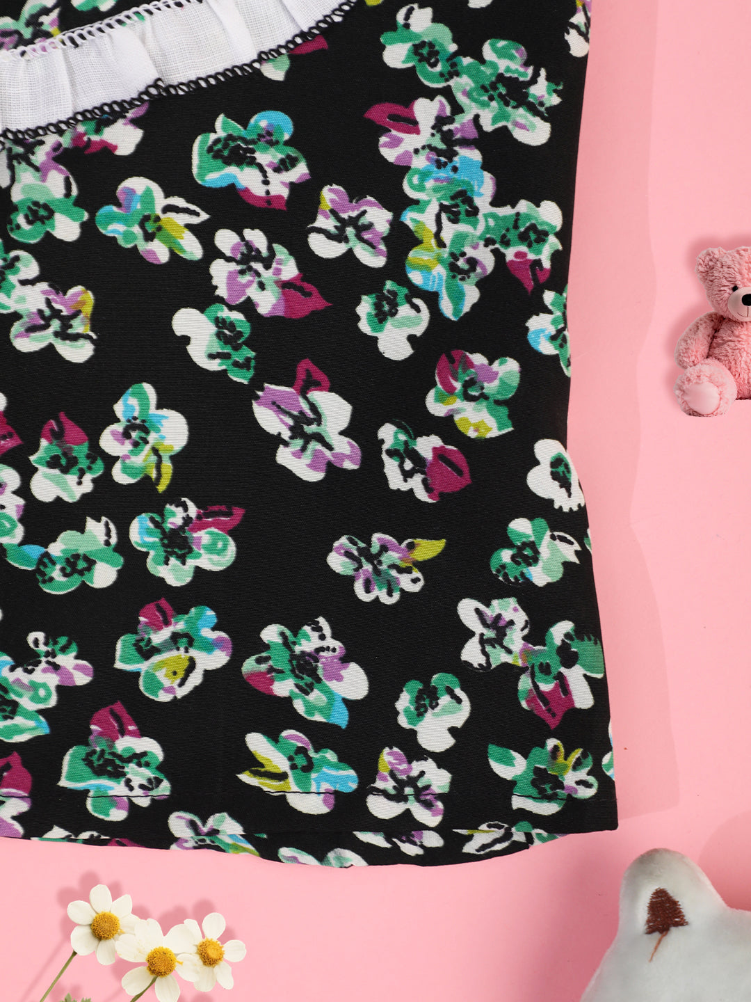 Cutiekins Girls Floral Printed Embellished Crop Top -Black & Off White