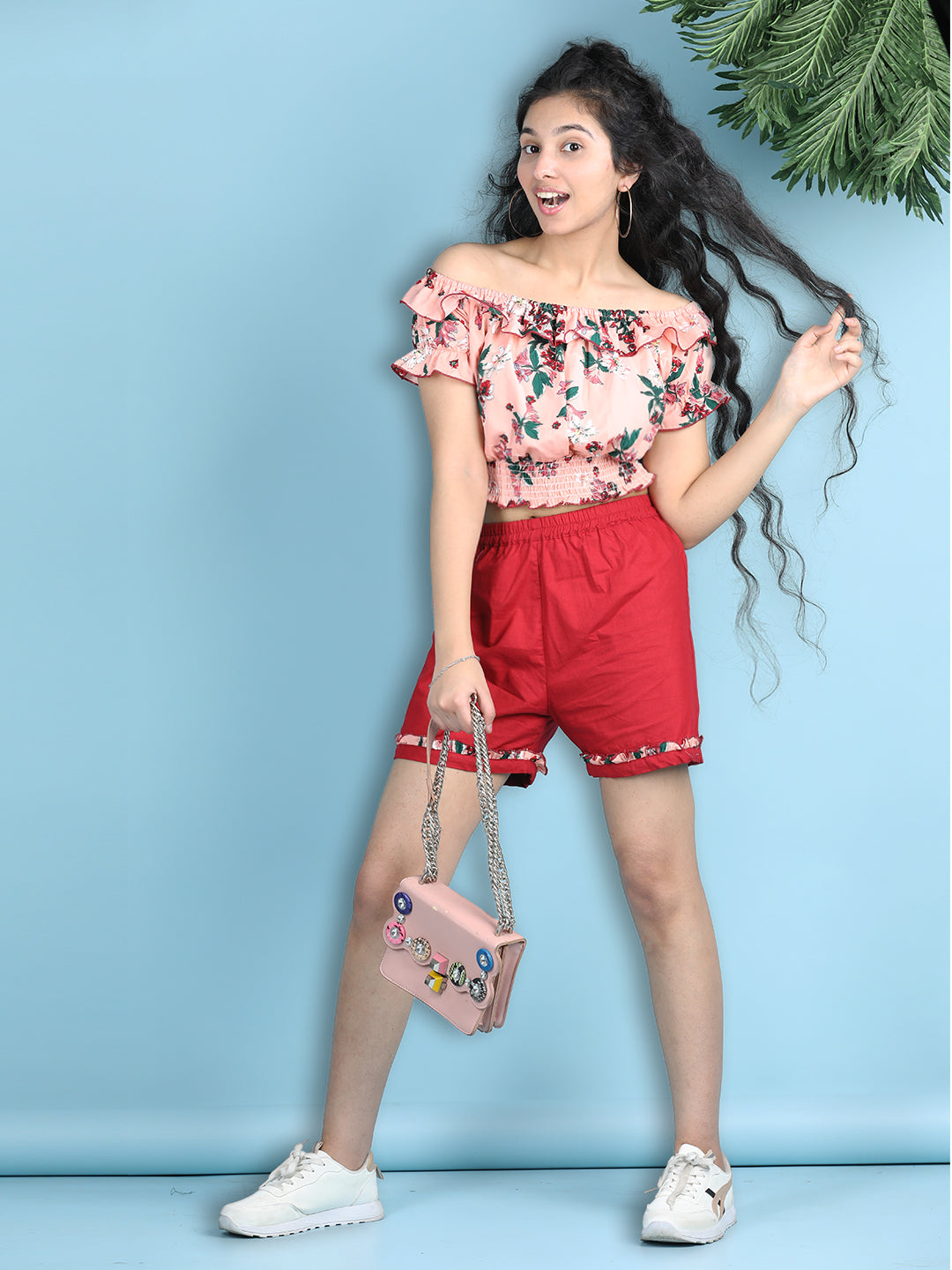 Cutiekins Girls Printed Embellished Top with Solid Shorts -Peach & Red