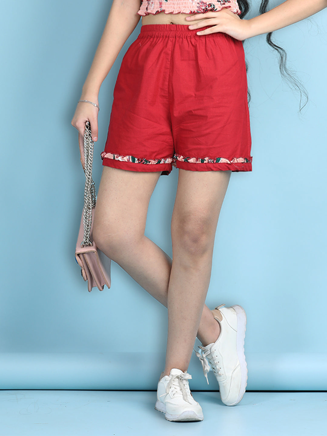 Cutiekins Girls Solid Regular Shorts -Red & Peach