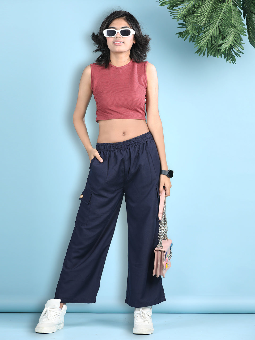 Cutiekins Girls Solid Embellished Top with Solid Cargo -Dark Red & Navy Blue