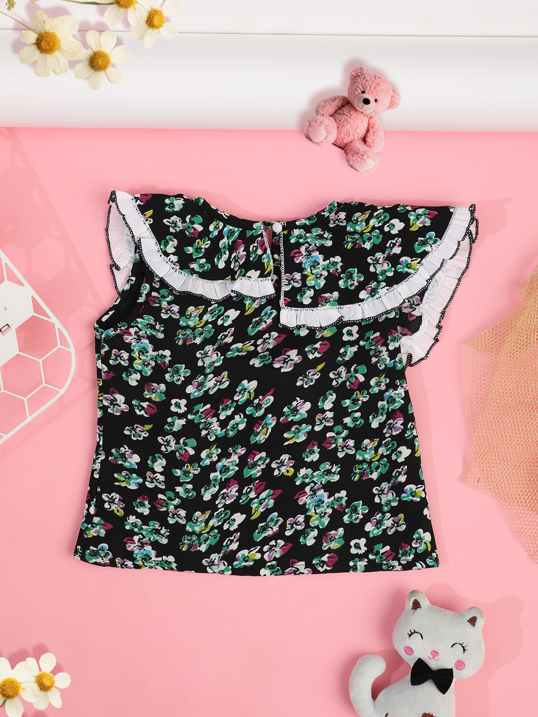 Cutiekins Girls Floral Printed Embellished Crop Top -Black & Off White