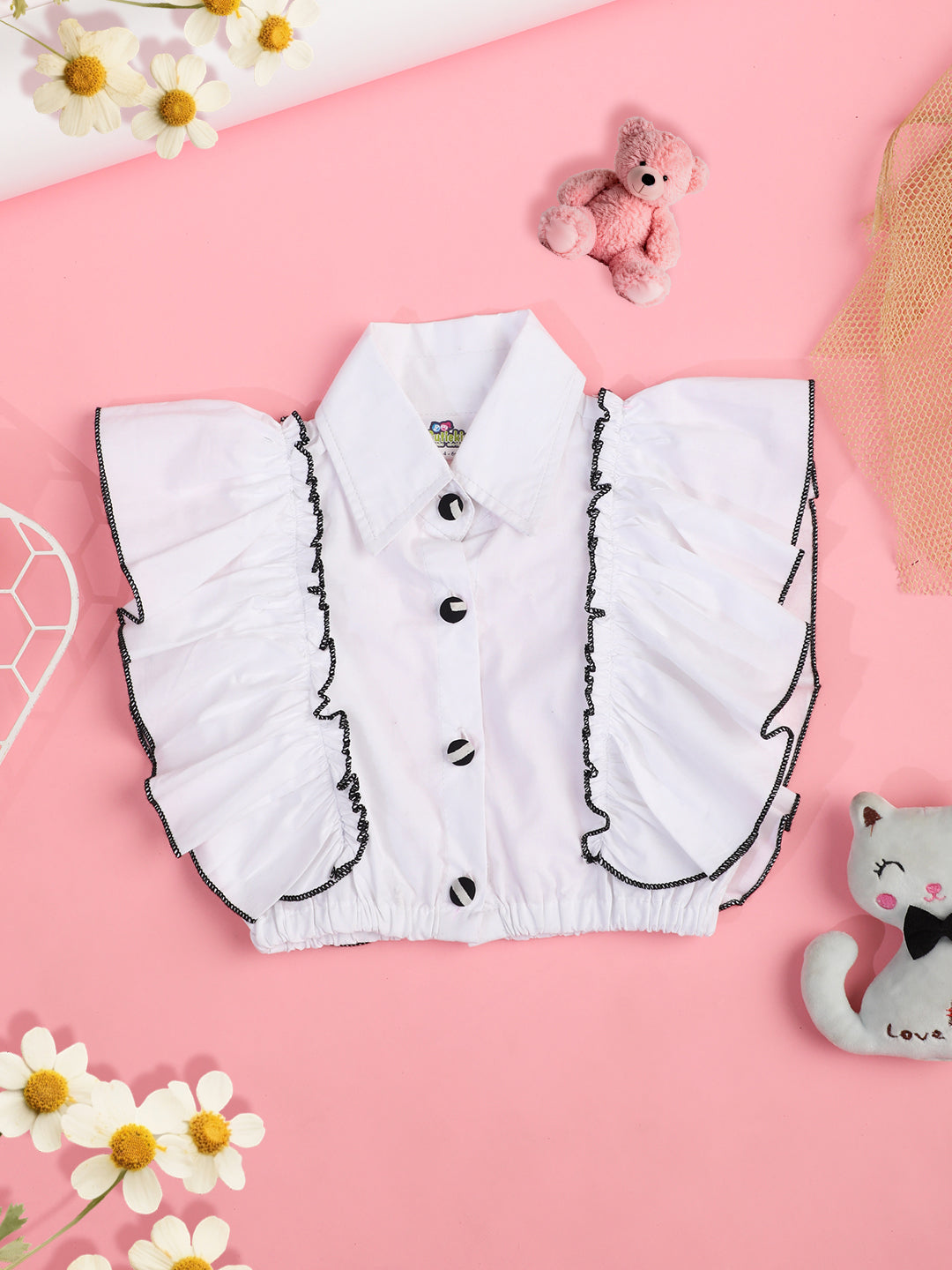 Cutiekins Girls Ruffles Pure Cotton Shirt Style Crop Top -White & Black