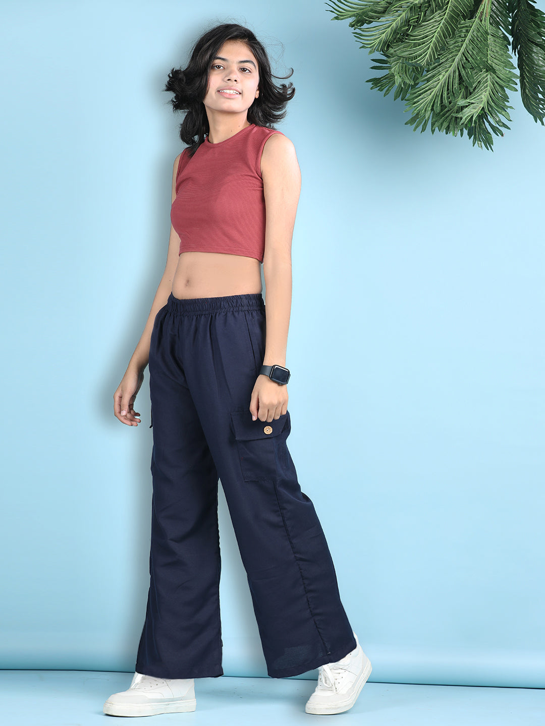 Cutiekins Girls Solid Embellished Top with Solid Cargo -Dark Red & Navy Blue