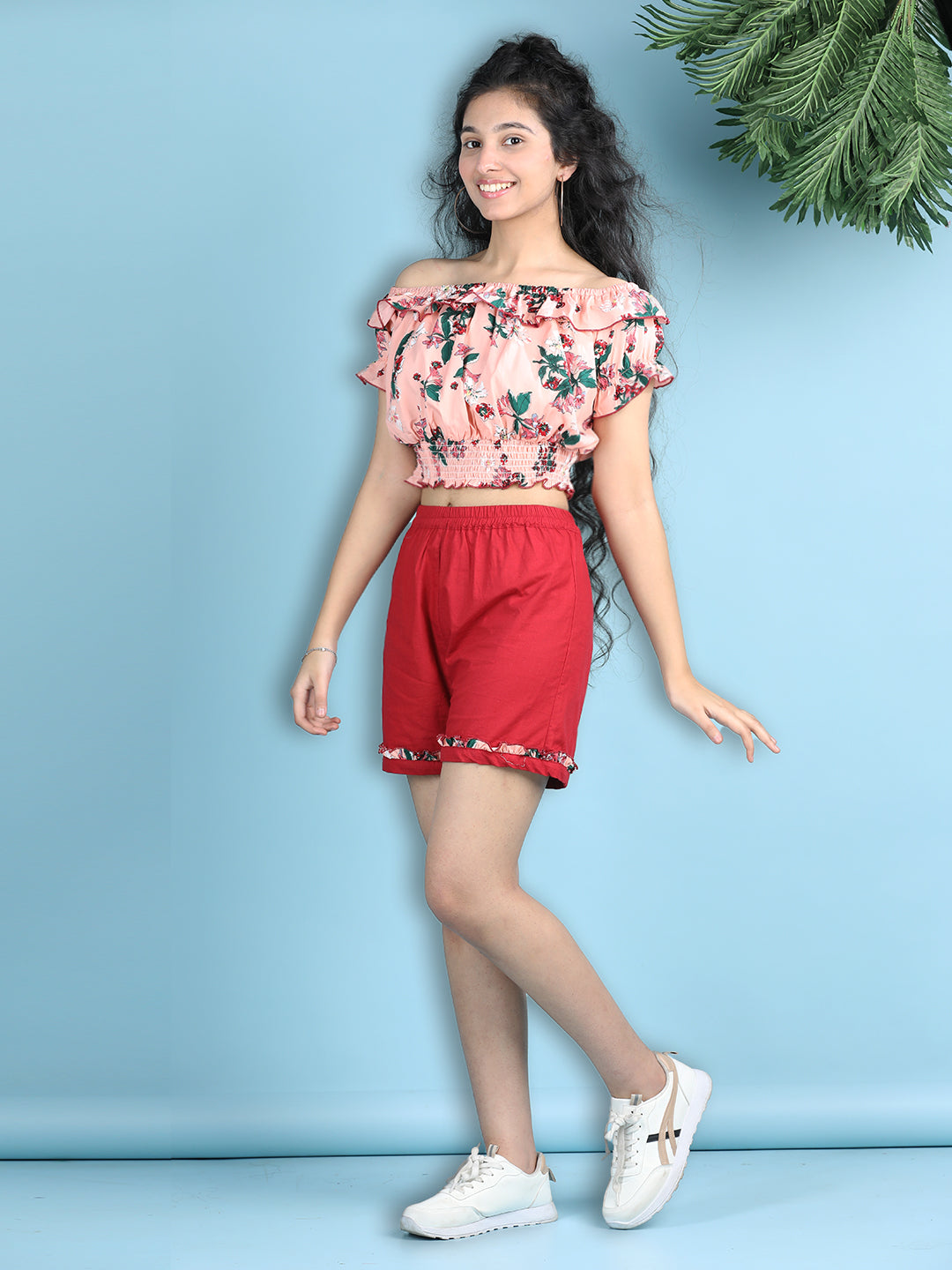 Cutiekins Girls Printed Embellished Top with Solid Shorts -Peach & Red