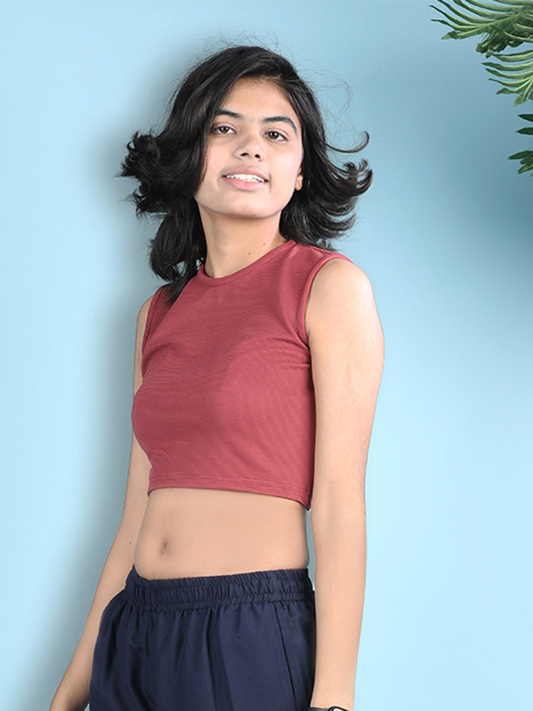 Cutiekins Girls Solid Embellished Stylish Crop Top -Dark Red