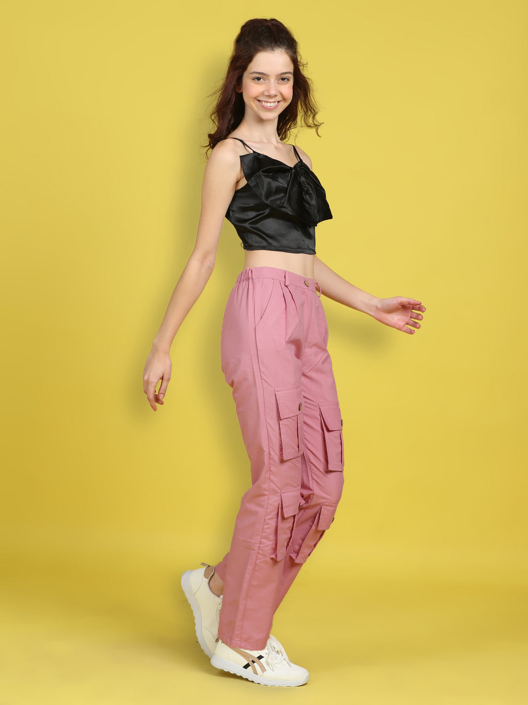 Cutiekins Girls Trendy Bold Look Crop Top With Solid Cargo -Black & Pink