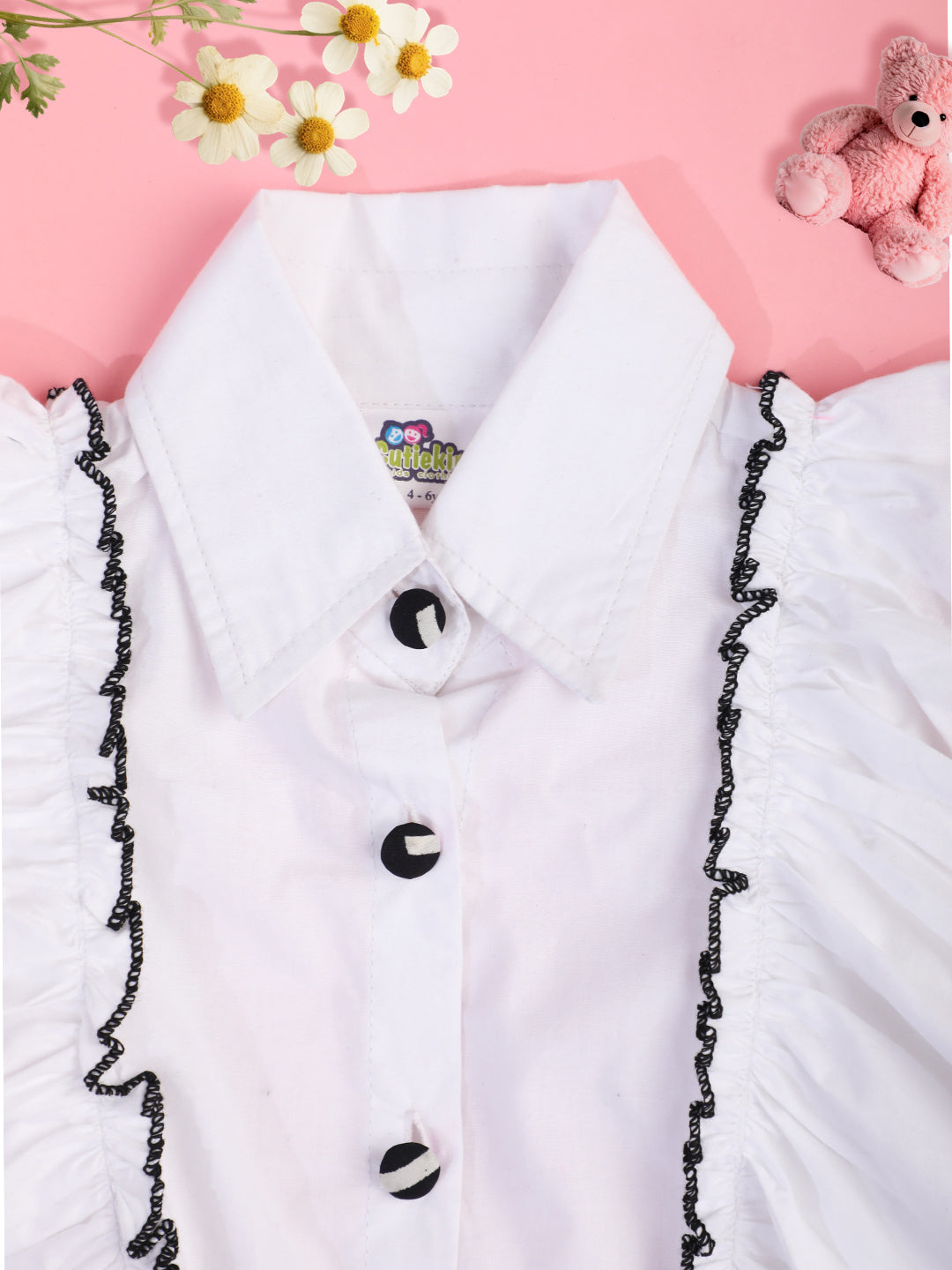 Cutiekins Girls Ruffles Pure Cotton Shirt Style Crop Top -White & Black