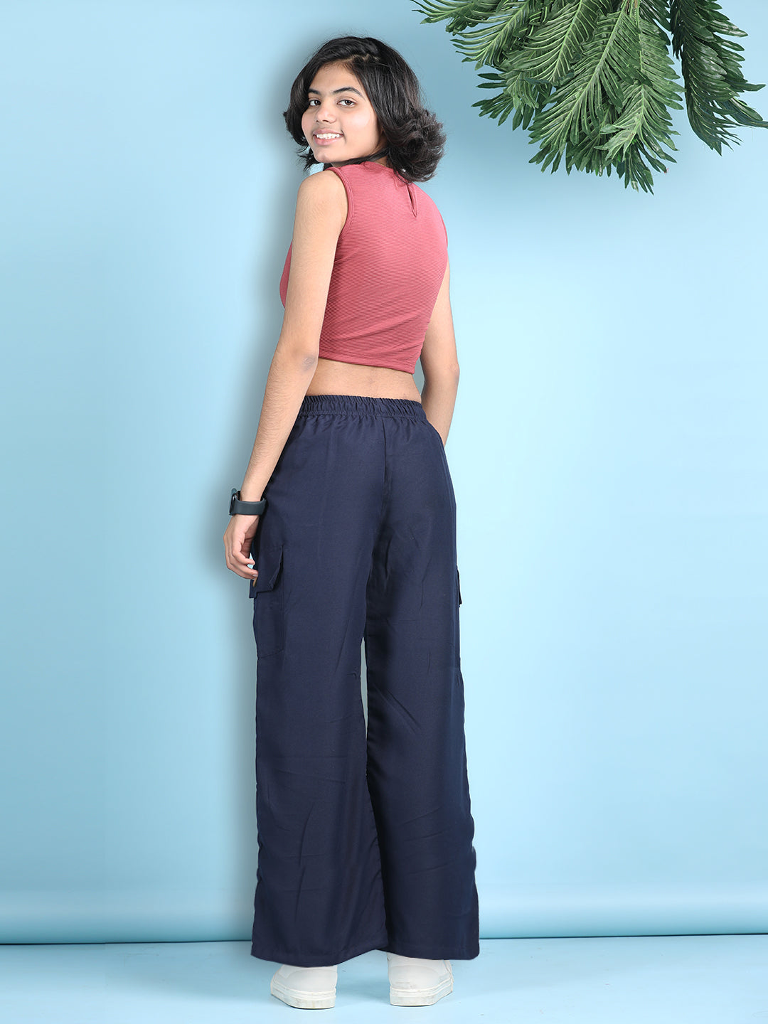 Cutiekins Girls Solid Embellished Top with Solid Cargo -Dark Red & Navy Blue