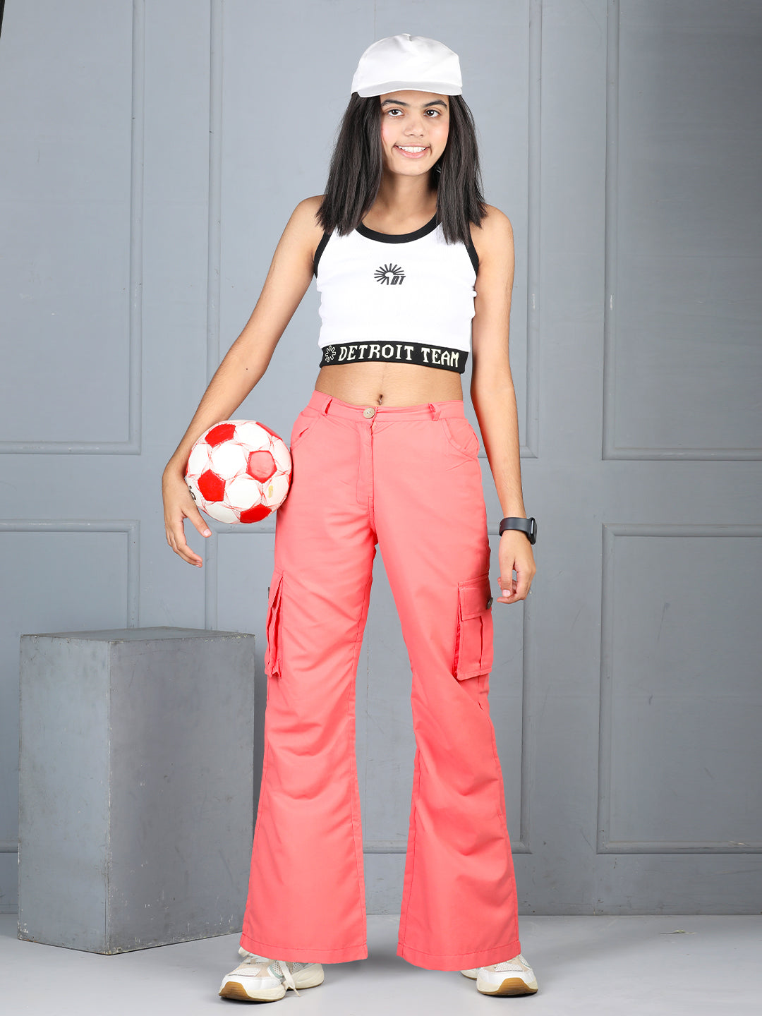 Cutiekins Girls Solid Polycotton Casual Cargo Pant -Coral Pink