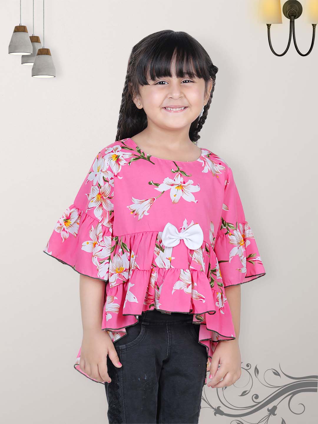 Cutiekins Floral Print Top For Girls - Pink & White