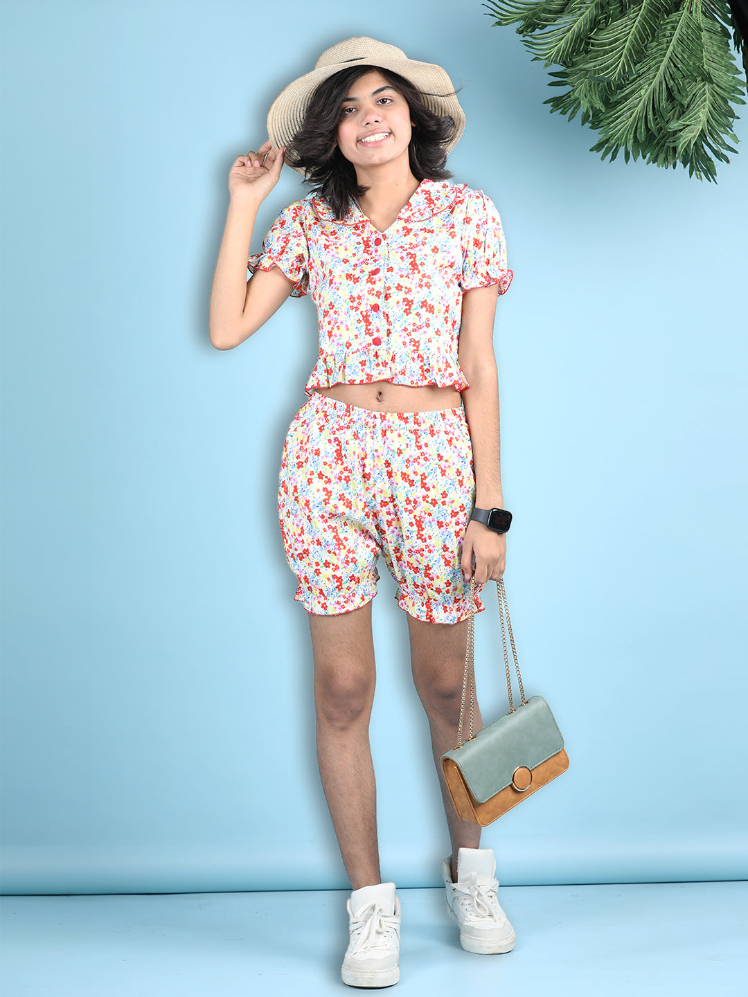 Cutiekins Girls Printed Embellished Top with Printed Shorts -Off White & Red