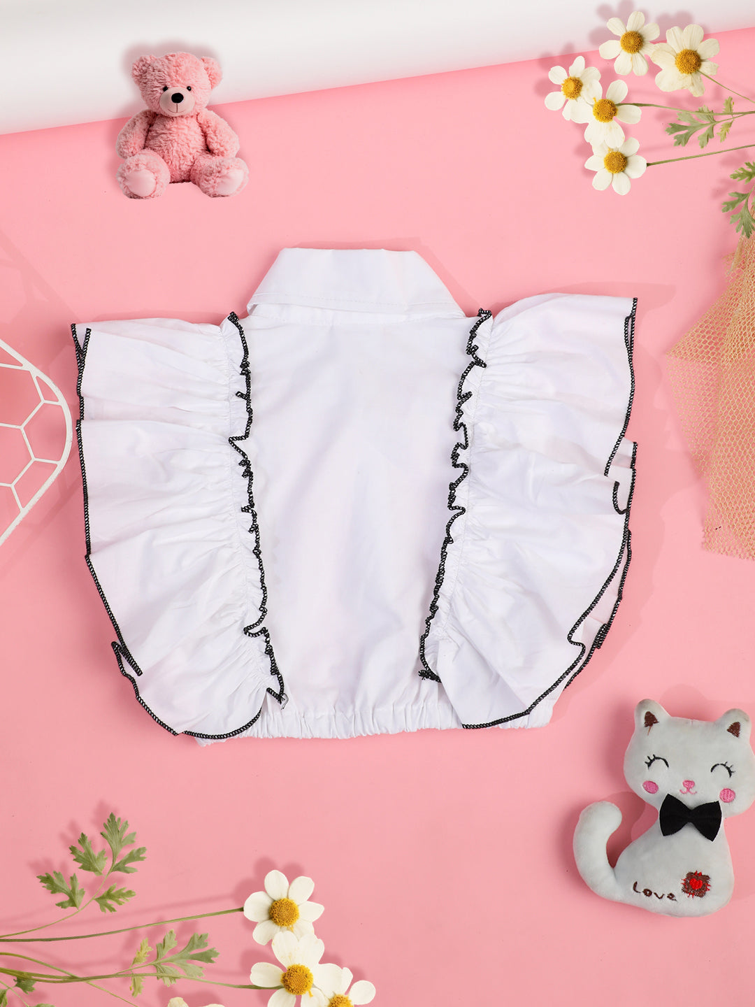 Cutiekins Girls Ruffles Pure Cotton Shirt Style Crop Top -White & Black