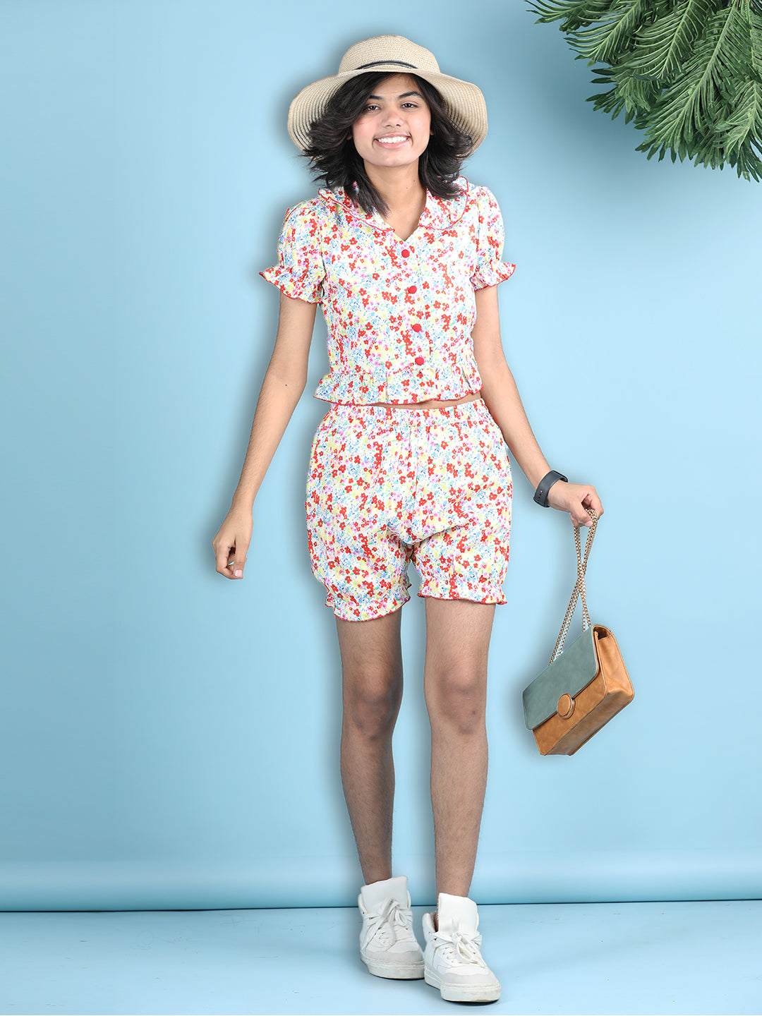 Cutiekins Girls Printed Embellished Top with Printed Shorts -Off White & Red