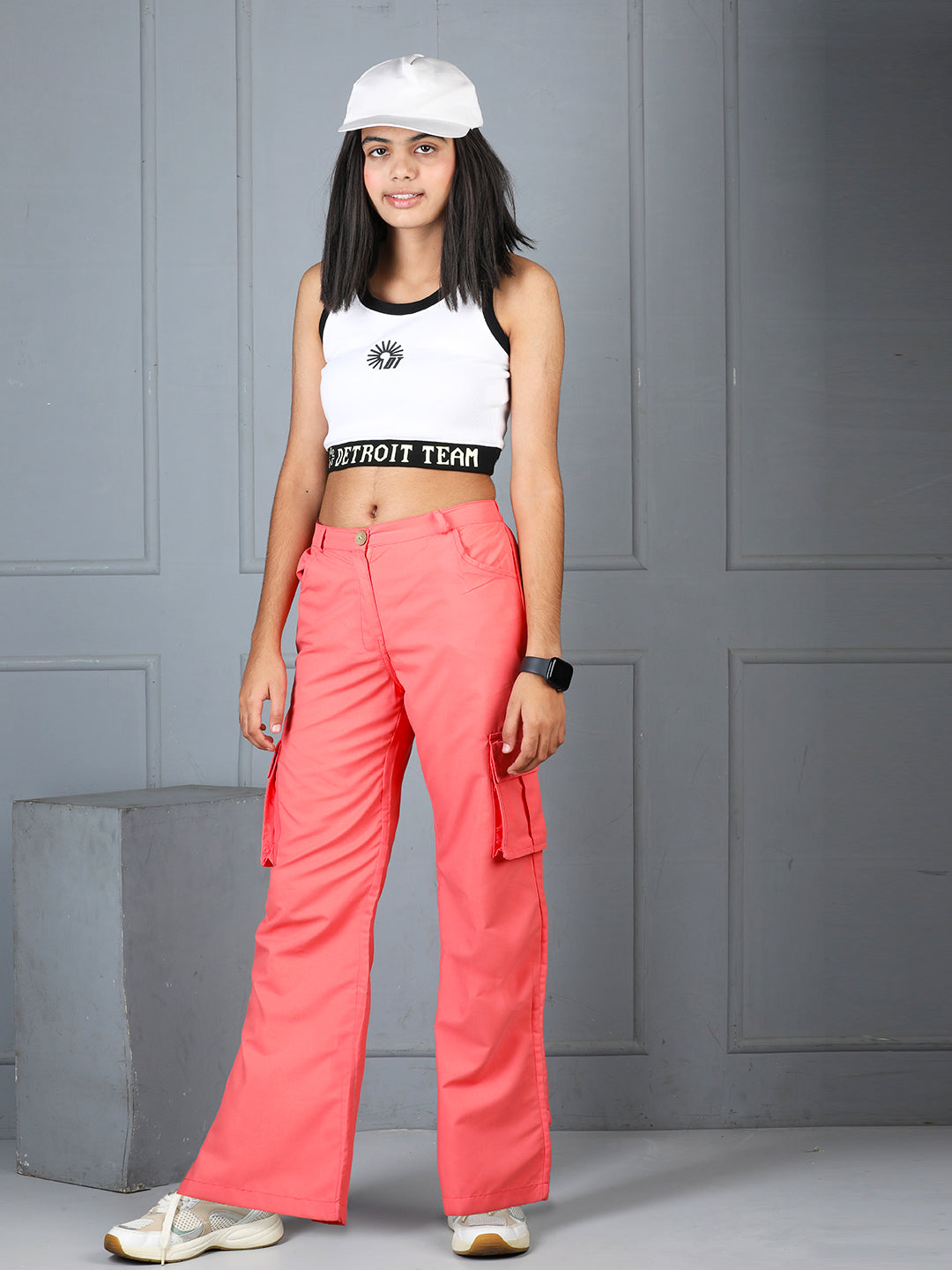 Cutiekins Girls Solid Polycotton Casual Cargo Pant -Coral Pink