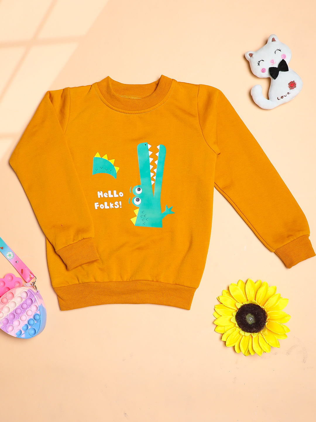 Cutiekins Boys Cocodile Graphic Print Winter Sweatshirt -Mustard & Sea Green