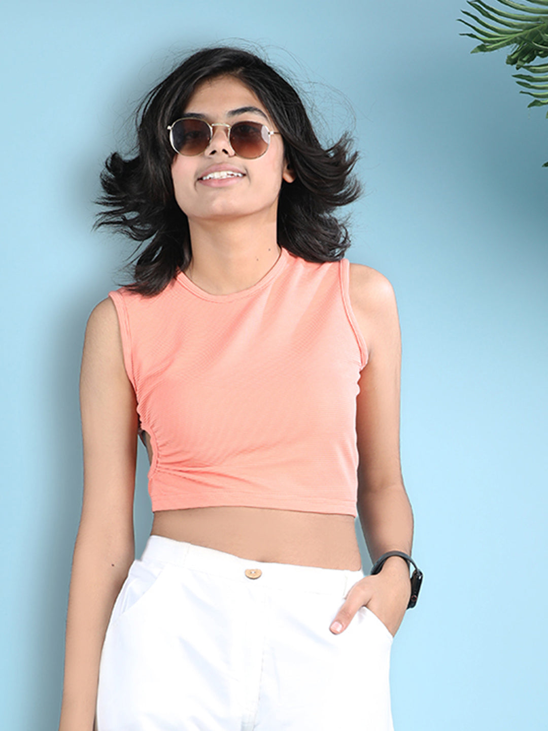 Cutiekins Girls Solid Embellished Stylish Crop Top -Peach