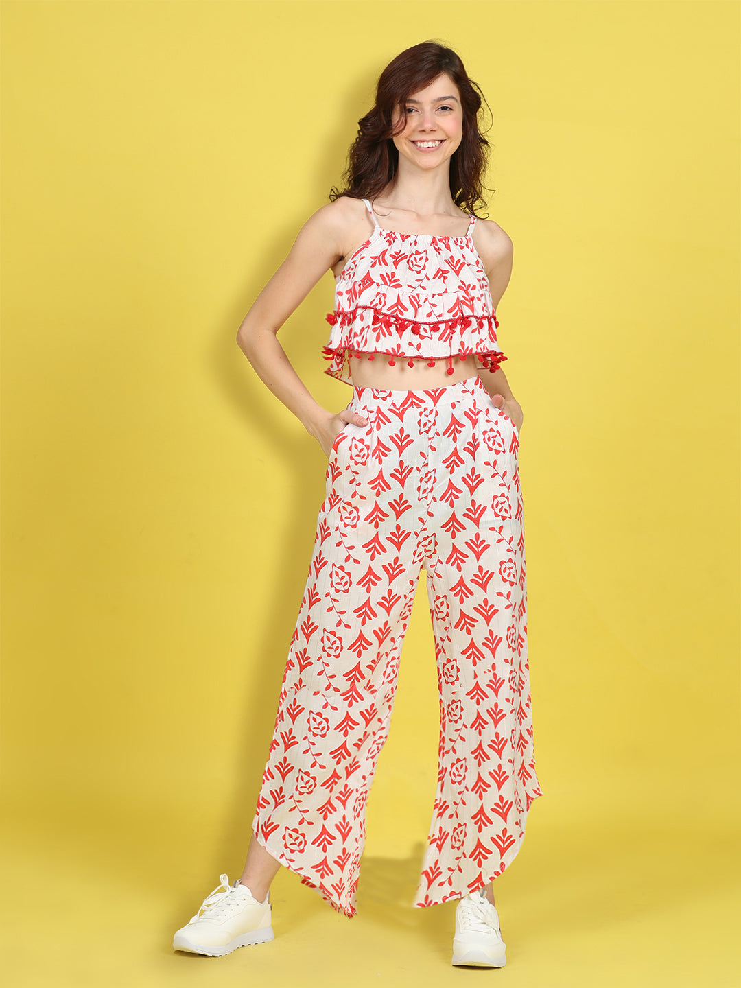 Cutiekins Girls Trendy Bold Style Printed Top & Palazzo Co-ord Set -White & Red
