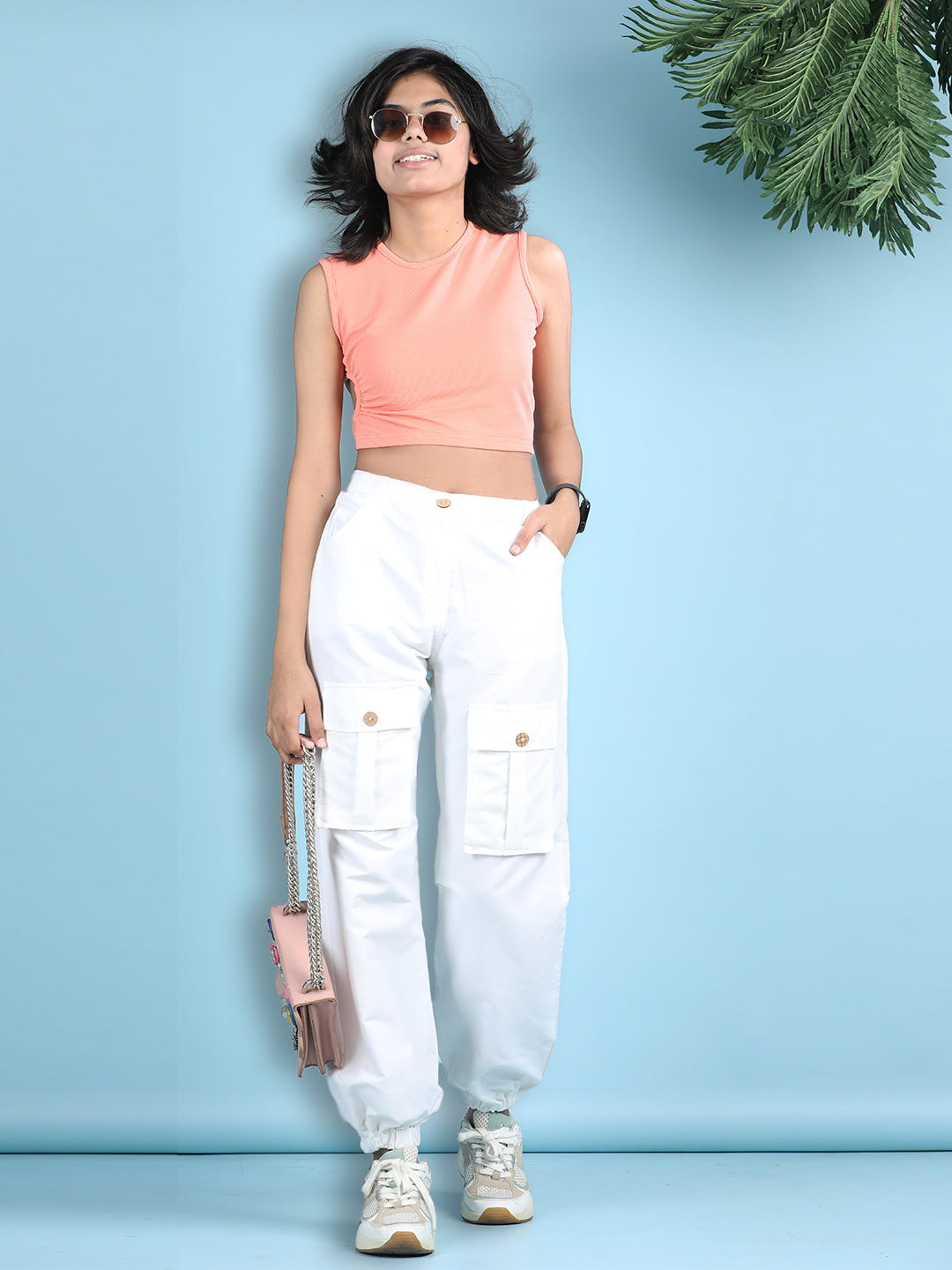 Cutiekins Girls Solid Embellished Top with Solid Cargo -Peach & White