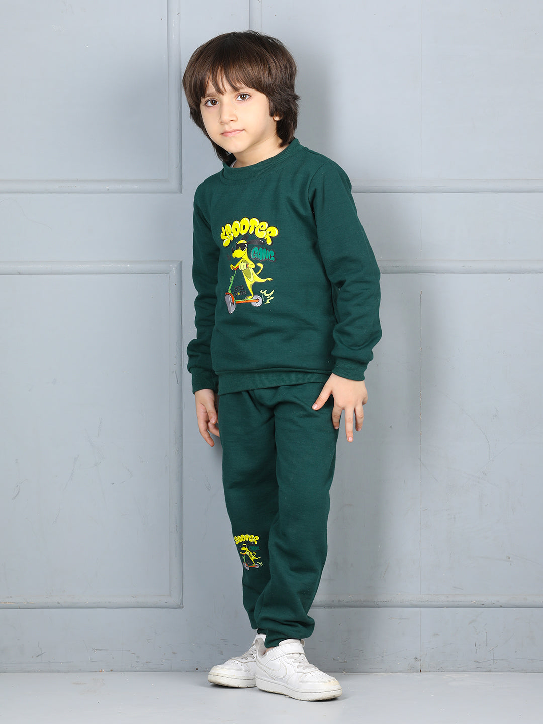 Cutiekins Boys Graphic Print cozy Tracksuit -Dark Green & Yellow