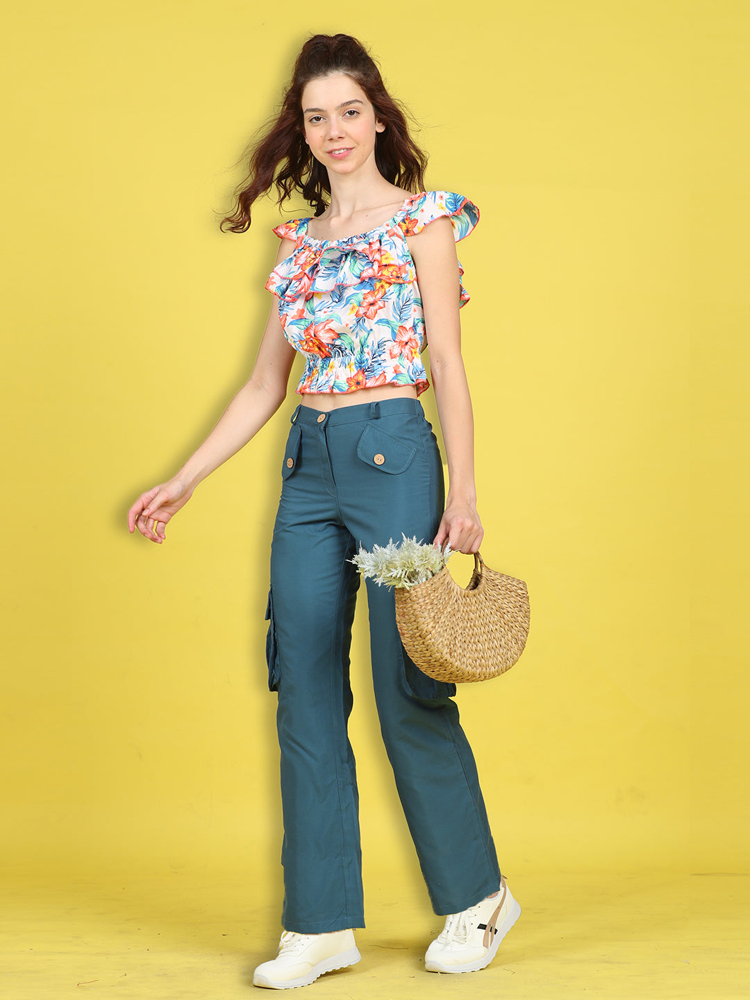 Cutiekins Girls Trendy Bold Look Crop Top With Solid Cargo -Off White & Teal Green