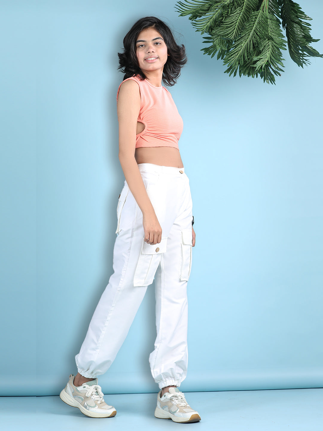 Cutiekins Girls Solid Embellished Top with Solid Cargo -Peach & White