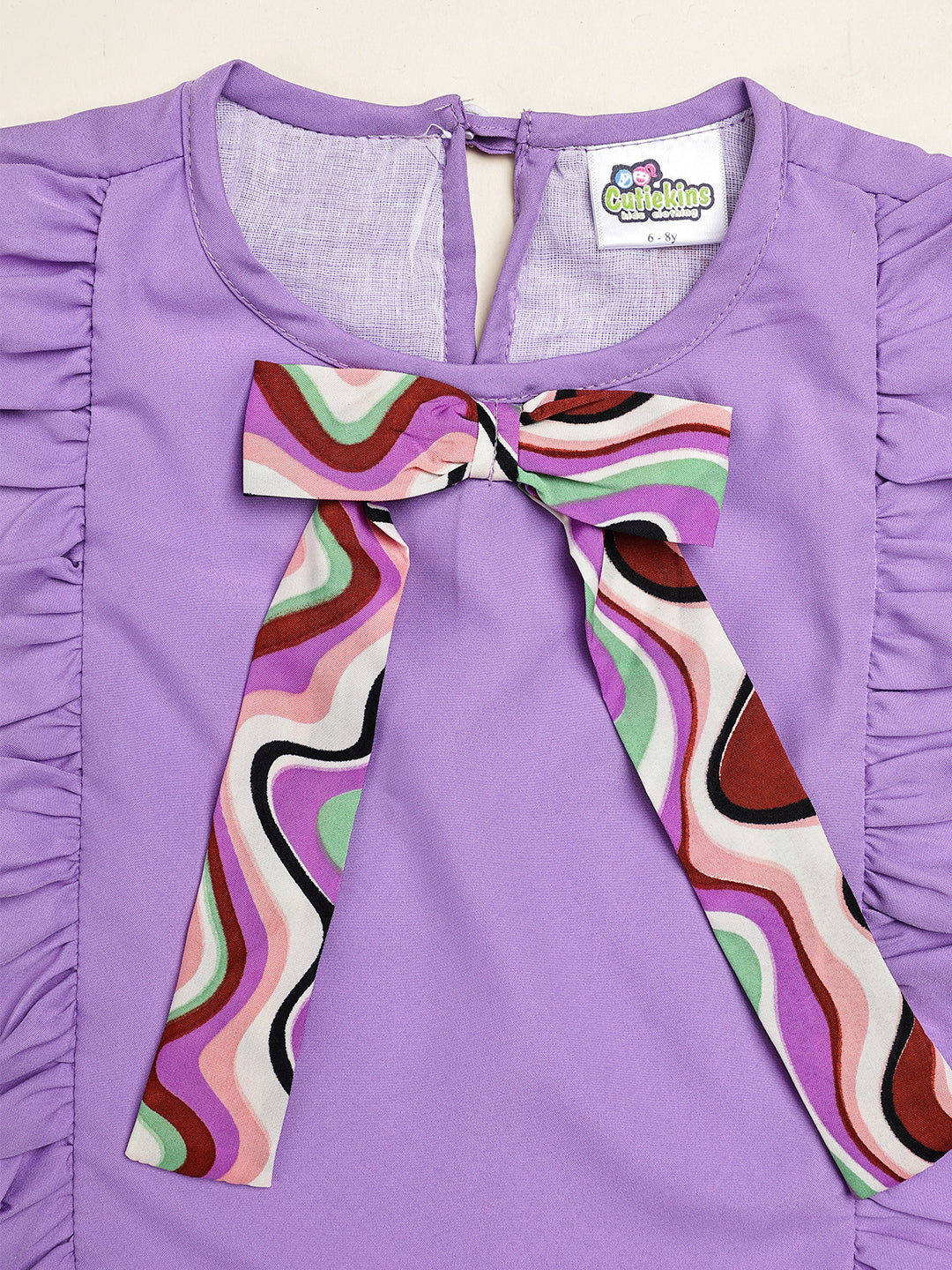 Cutiekins Girls Solid Embellished Bow Top -Violet & Maroon