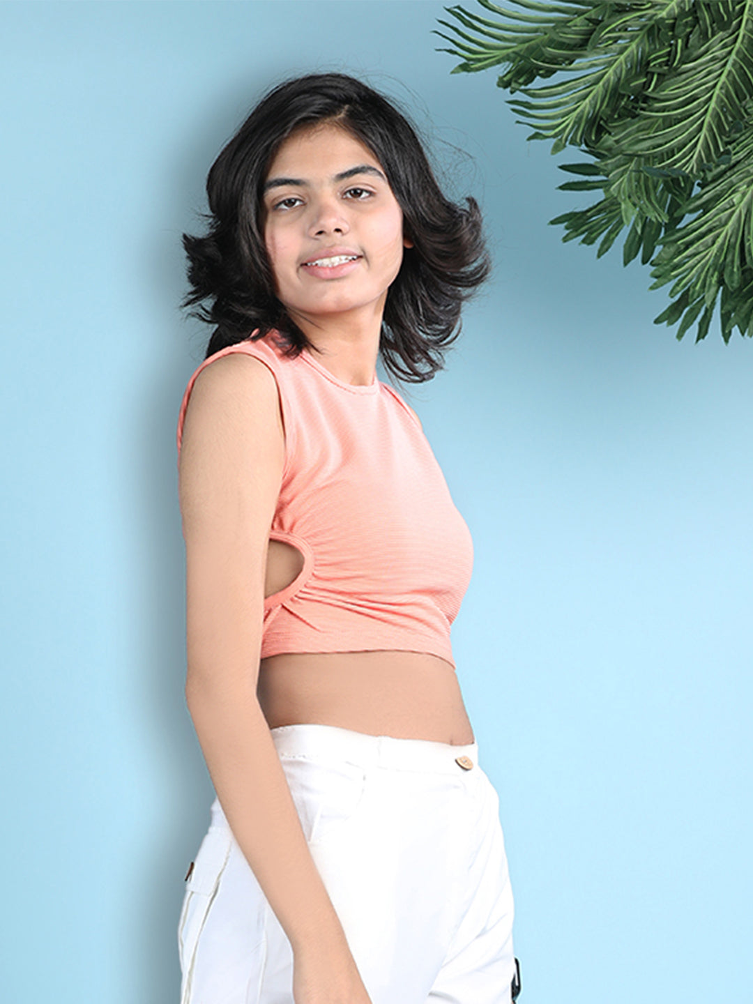 Cutiekins Girls Solid Embellished Stylish Crop Top -Peach